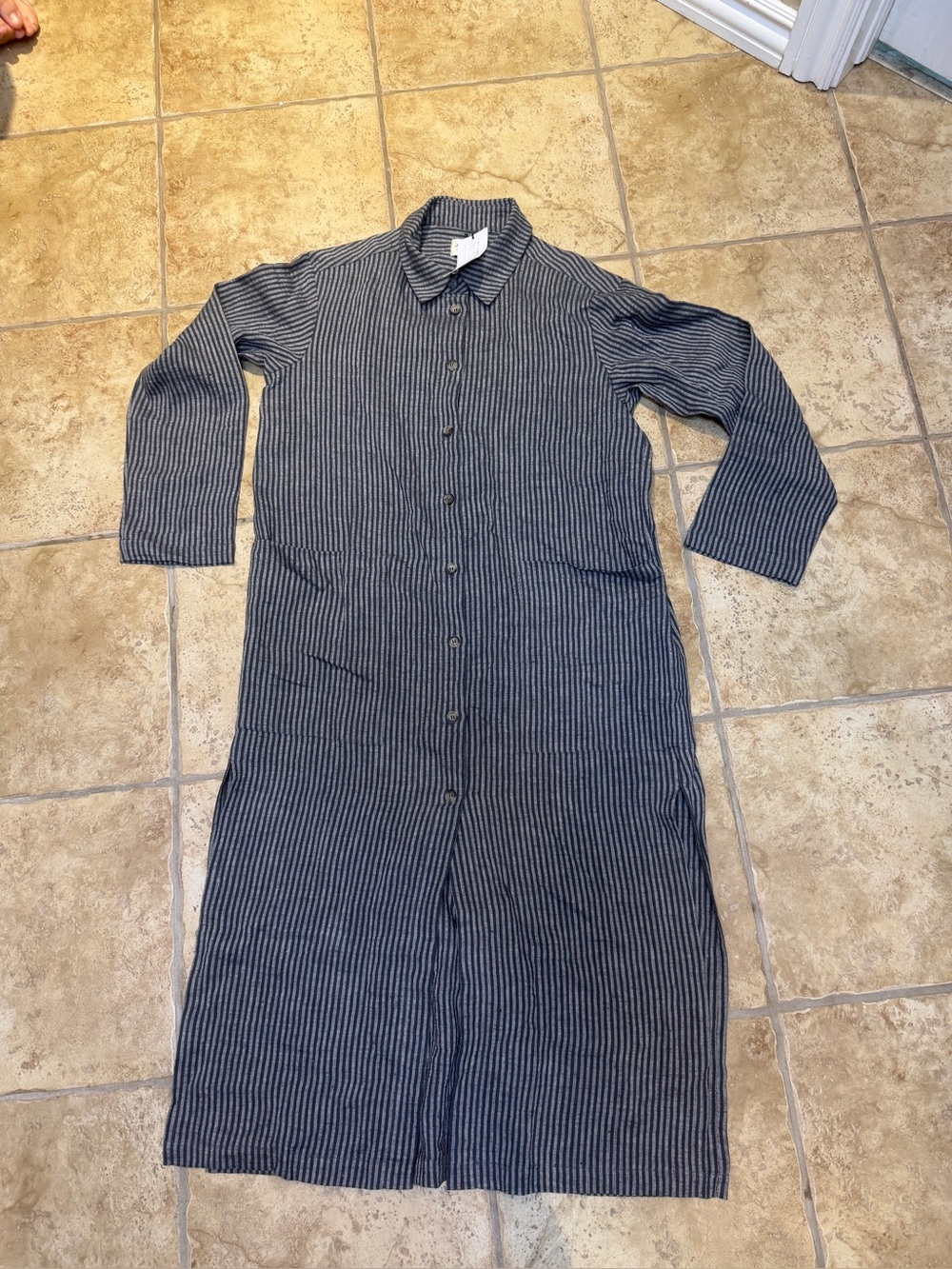 OFFON Clothing 100% Linen Maxi Shirt Dress Duster Striped Lagenlook Sz M NWT